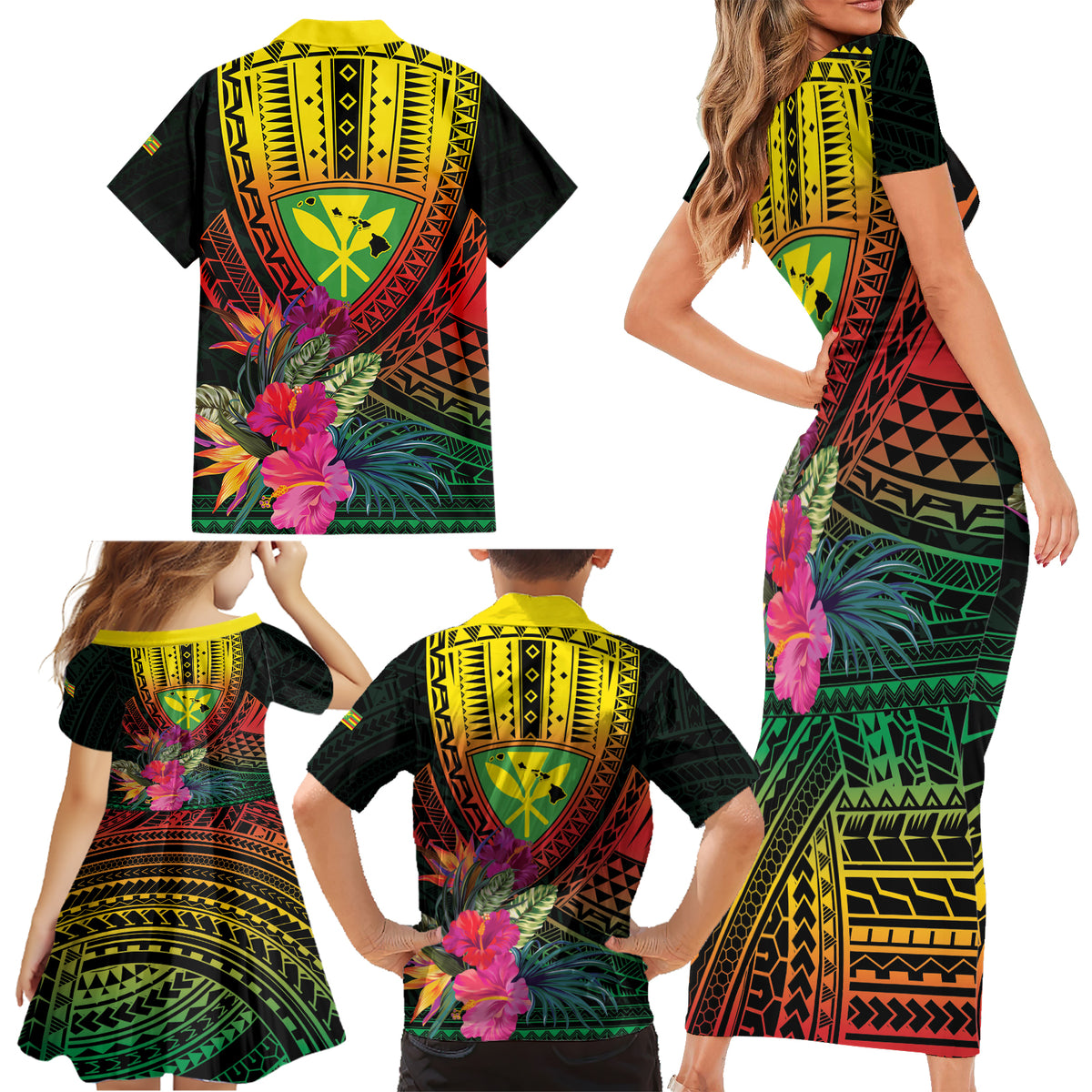 Hawaii Kanaka Maoli Flag Day Family Matching Short Sleeve Bodycon Dress and Hawaiian Shirt Tropical Flowers