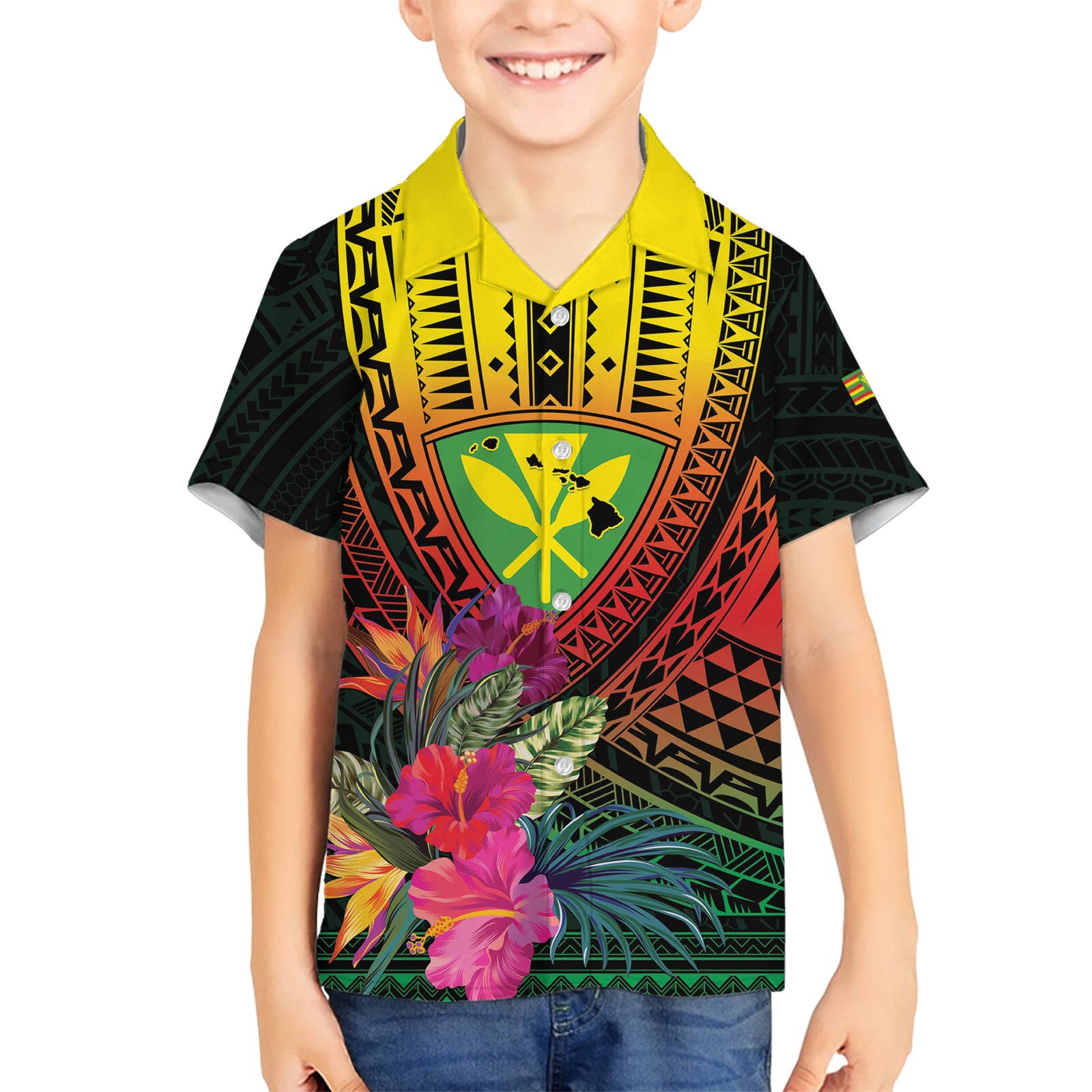 Hawaii Kanaka Maoli Flag Day Kid Hawaiian Shirt Tropical Flowers