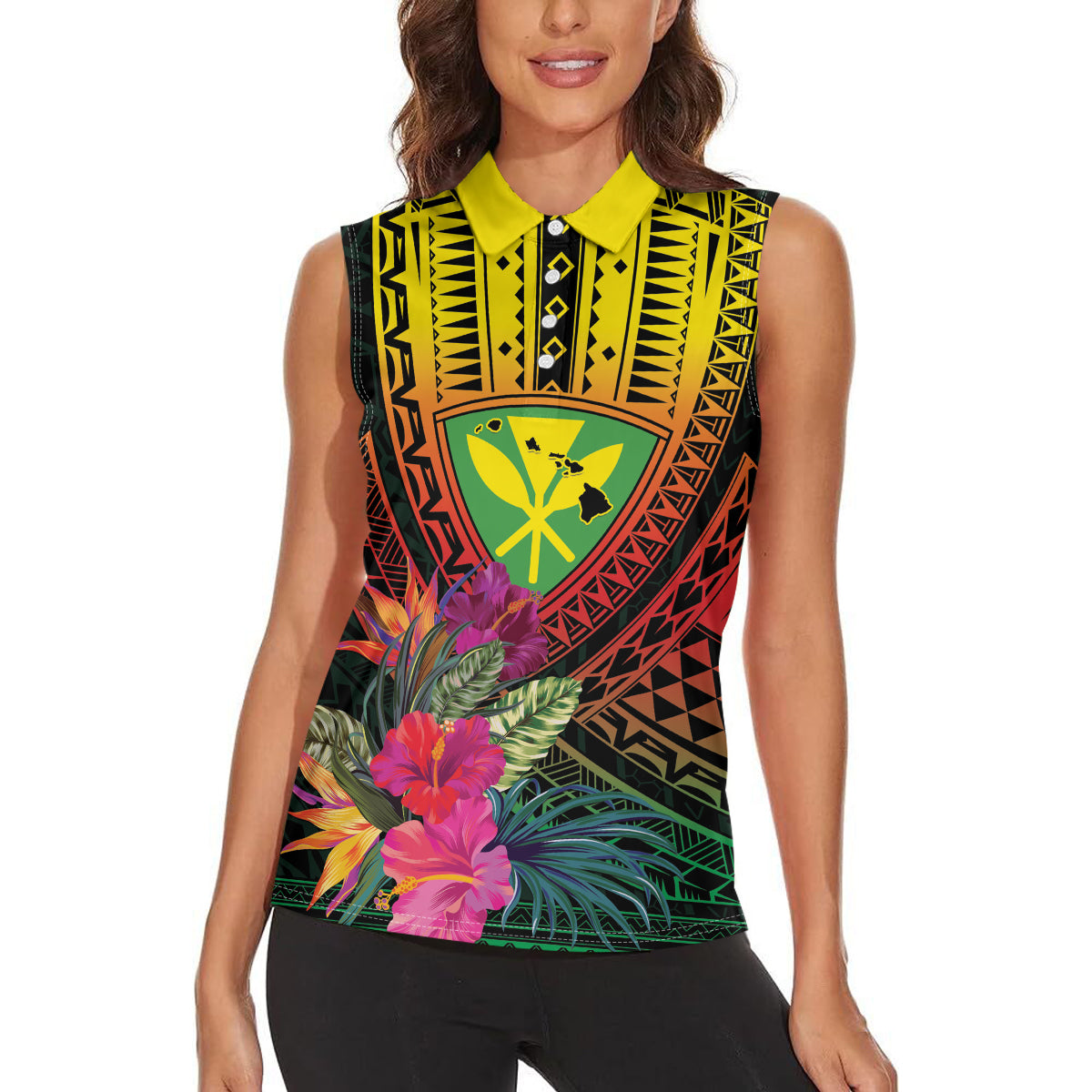 Hawaii Kanaka Maoli Flag Day Women Sleeveless Polo Shirt Tropical Flowers