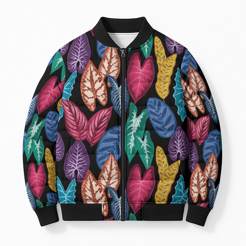 Hawaii Colorful Tropical Leaves Bomber Puffer Jacket