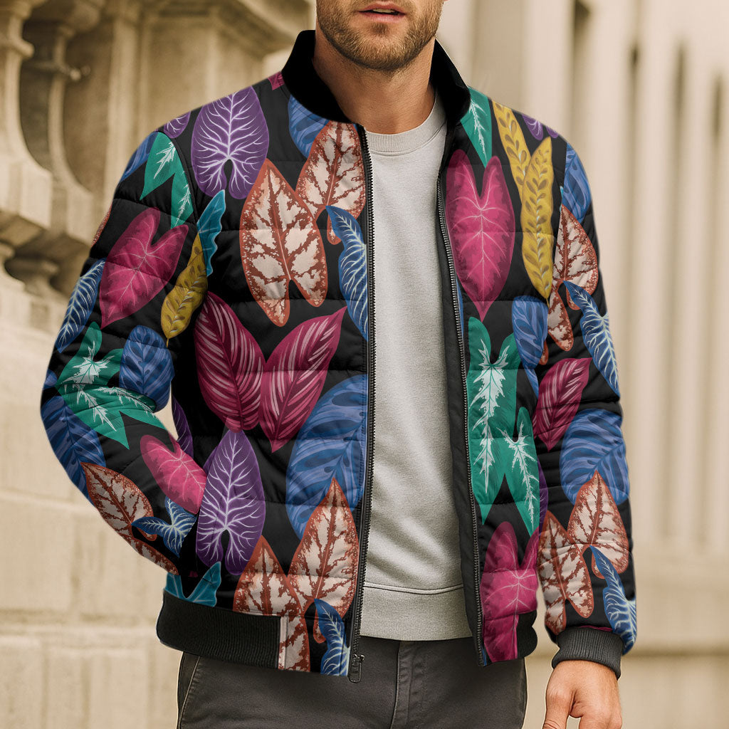 Hawaii Colorful Tropical Leaves Bomber Puffer Jacket