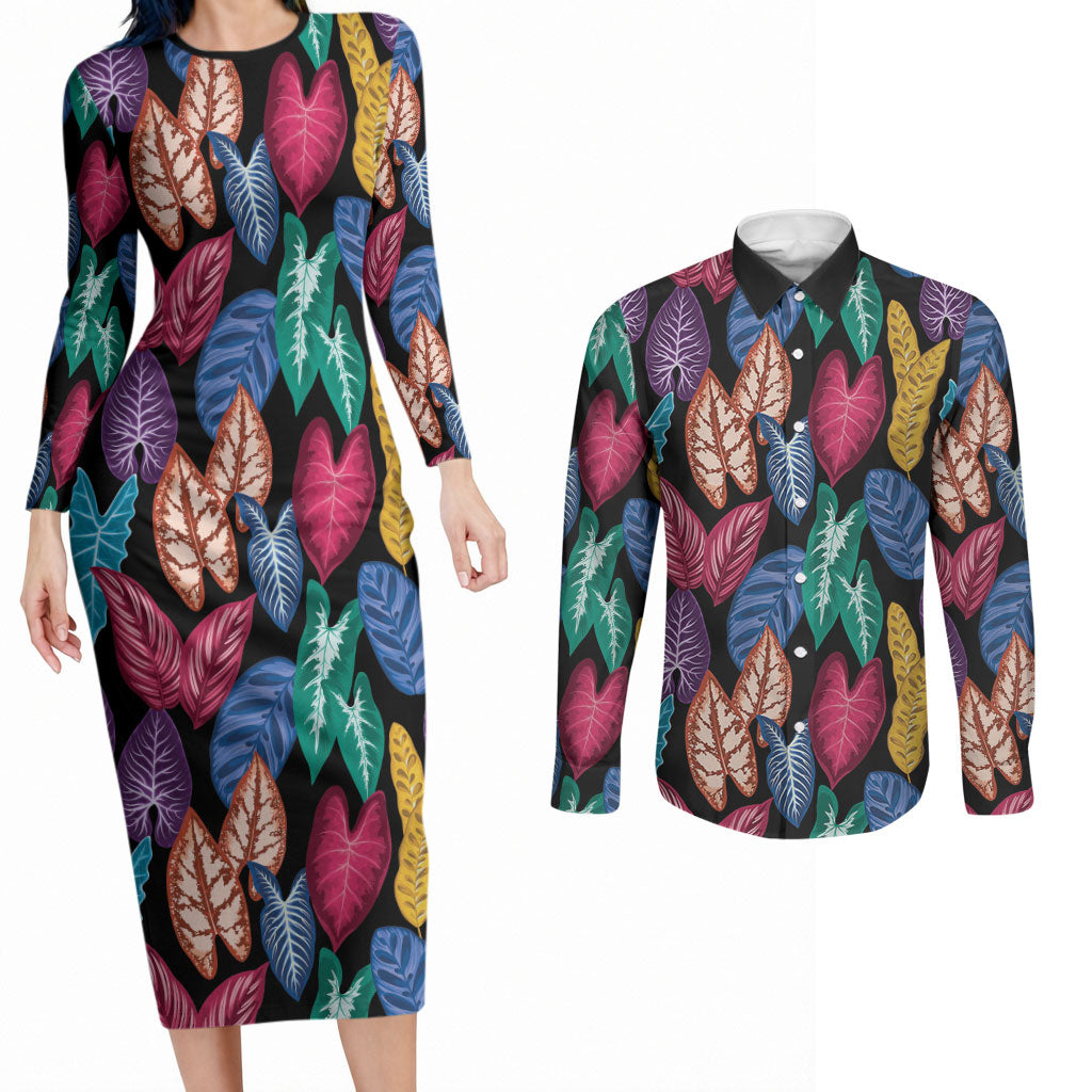 Hawaii Colorful Tropical Leaves Couples Matching Long Sleeve Bodycon Dress and Long Sleeve Button Shirt LT01 Black - Polynesian Pride