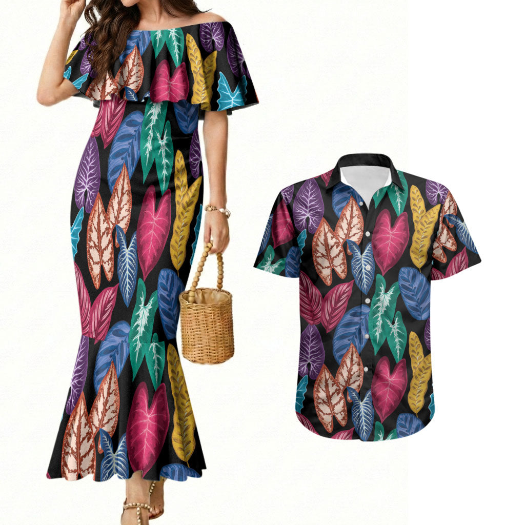 Hawaii Colorful Tropical Leaves Couples Matching Mermaid Dress and Hawaiian Shirt LT01 Black - Polynesian Pride