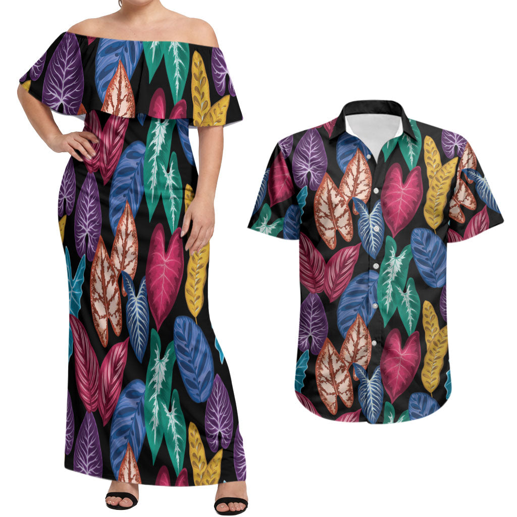 Hawaii Colorful Tropical Leaves Couples Matching Off Shoulder Maxi Dress and Hawaiian Shirt LT01 Black - Polynesian Pride