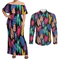 Hawaii Colorful Tropical Leaves Couples Matching Off Shoulder Maxi Dress and Long Sleeve Button Shirt LT01 Black - Polynesian Pride
