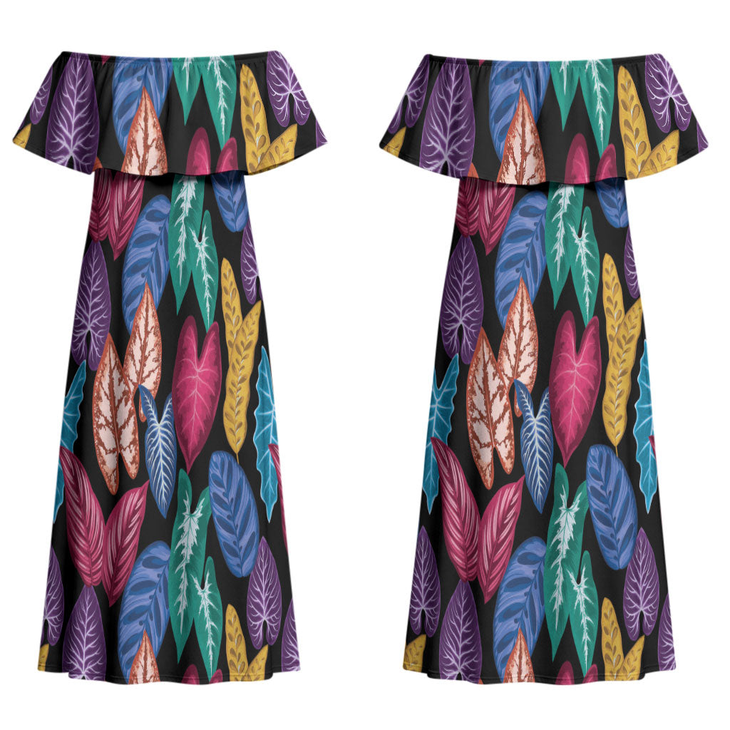 Hawaii Colorful Tropical Leaves Couples Matching Off Shoulder Maxi Dress and Long Sleeve Button Shirt LT01 - Polynesian Pride