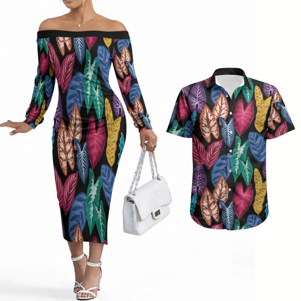 Hawaii Colorful Tropical Leaves Couples Matching Off The Shoulder Long Sleeve Dress and Hawaiian Shirt LT01 Black - Polynesian Pride