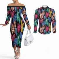 Hawaii Colorful Tropical Leaves Couples Matching Off The Shoulder Long Sleeve Dress and Long Sleeve Button Shirt