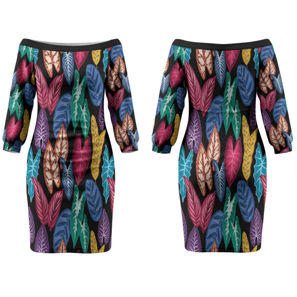 Hawaii Colorful Tropical Leaves Couples Matching Off The Shoulder Long Sleeve Dress and Long Sleeve Button Shirt