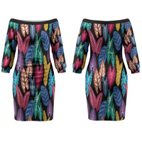 Hawaii Colorful Tropical Leaves Couples Matching Off The Shoulder Long Sleeve Dress and Long Sleeve Button Shirt
