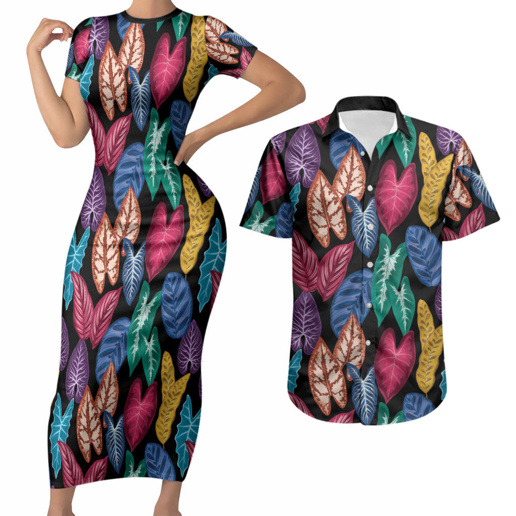 Hawaii Colorful Tropical Leaves Couples Matching Short Sleeve Bodycon Dress and Hawaiian Shirt