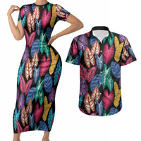 Hawaii Colorful Tropical Leaves Couples Matching Short Sleeve Bodycon Dress and Hawaiian Shirt