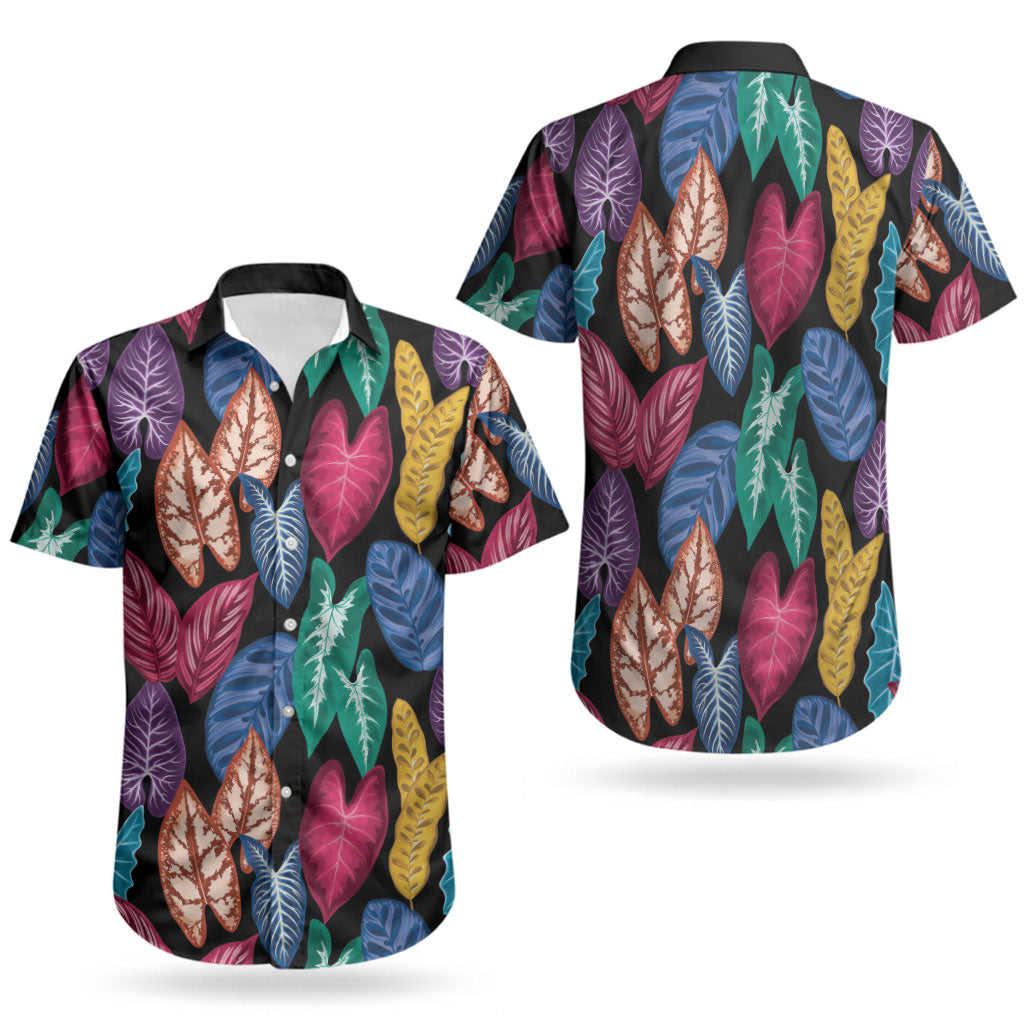 Hawaii Colorful Tropical Leaves Couples Matching Short Sleeve Bodycon Dress and Hawaiian Shirt