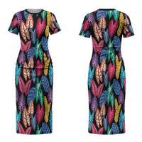 Hawaii Colorful Tropical Leaves Couples Matching Short Sleeve Bodycon Dress and Hawaiian Shirt