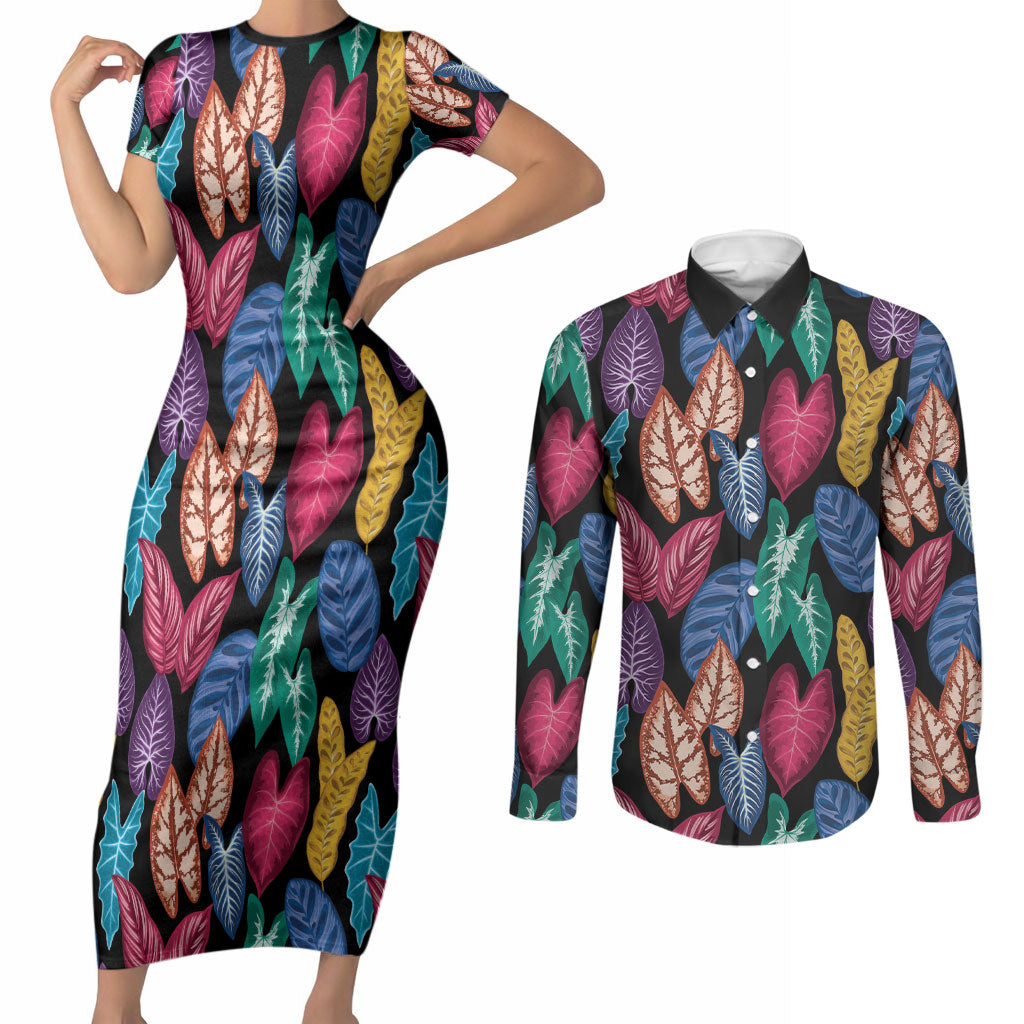 Hawaii Colorful Tropical Leaves Couples Matching Short Sleeve Bodycon Dress and Long Sleeve Button Shirt LT01 Black - Polynesian Pride