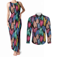 Hawaii Colorful Tropical Leaves Couples Matching Tank Maxi Dress and Long Sleeve Button Shirt LT01 Black - Polynesian Pride
