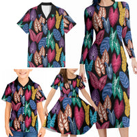 Hawaii Colorful Tropical Leaves Family Matching Long Sleeve Bodycon Dress and Hawaiian Shirt LT01 - Polynesian Pride