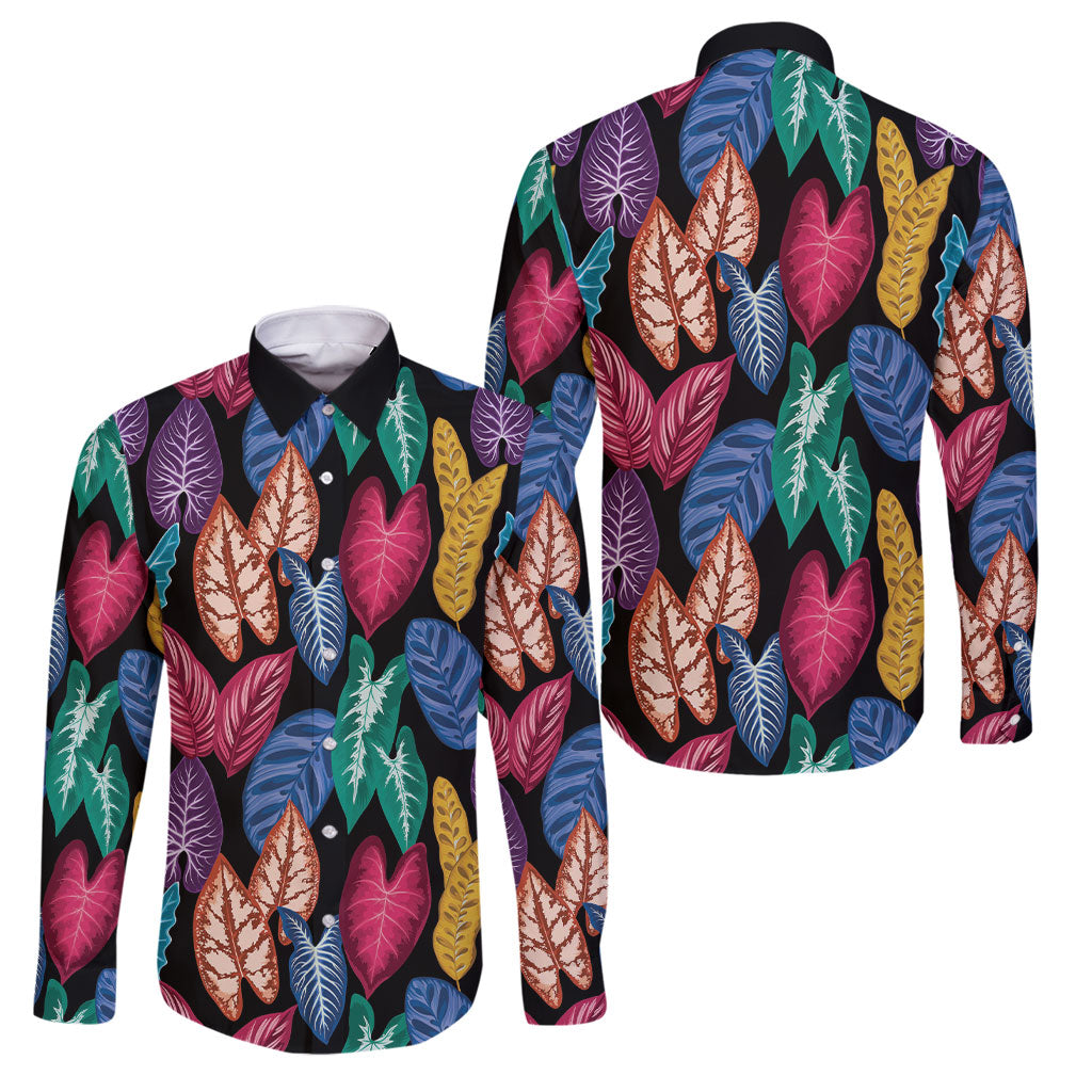Hawaii Colorful Tropical Leaves Family Matching Long Sleeve Bodycon Dress and Hawaiian Shirt LT01 Dad's Shirt - Long Sleeve Black - Polynesian Pride