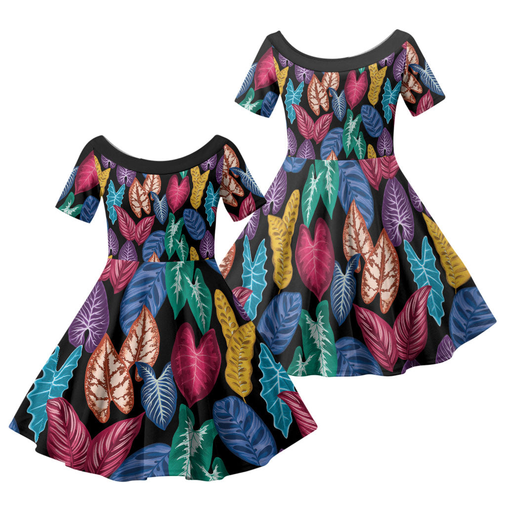 Hawaii Colorful Tropical Leaves Family Matching Off Shoulder Maxi Dress and Hawaiian Shirt