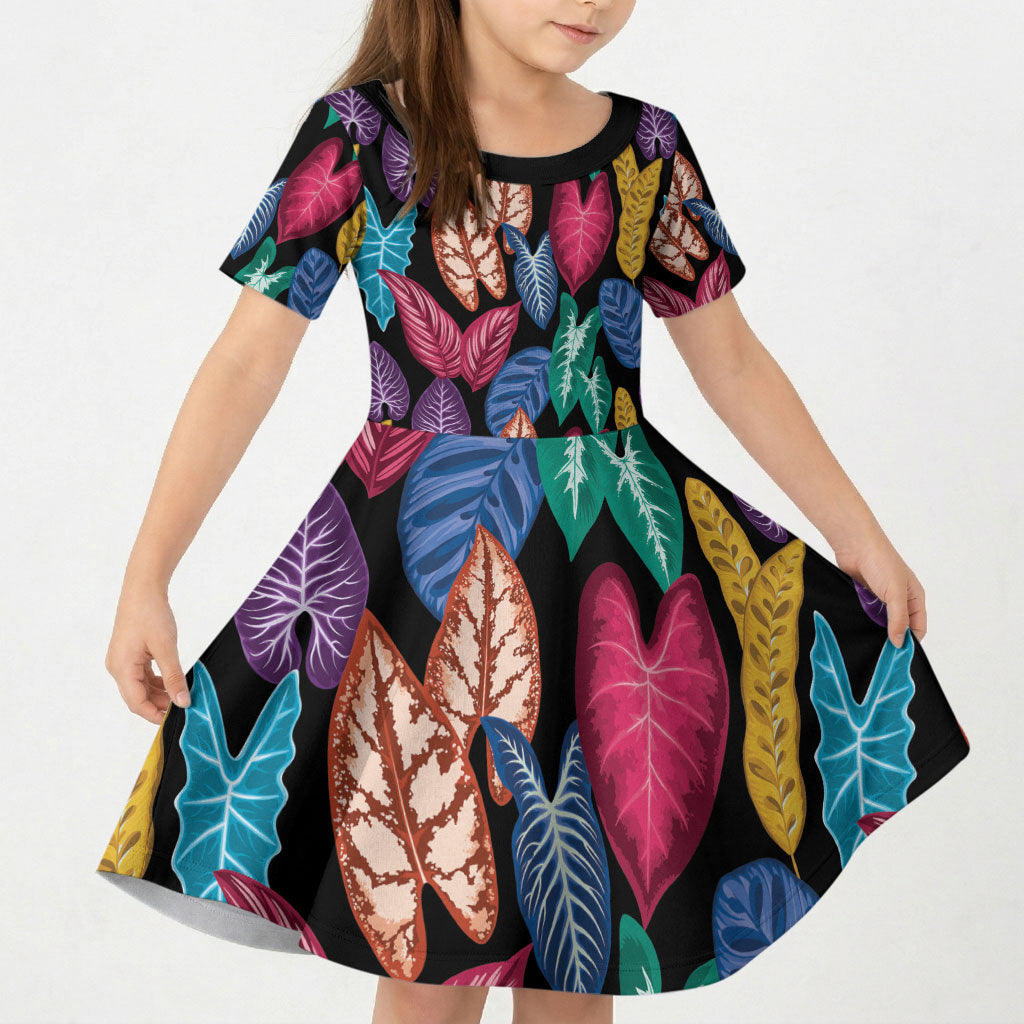 Hawaii Colorful Tropical Leaves Kid Short Sleeve Dress LT01 KID Black - Polynesian Pride