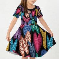 Hawaii Colorful Tropical Leaves Kid Short Sleeve Dress LT01 KID Black - Polynesian Pride