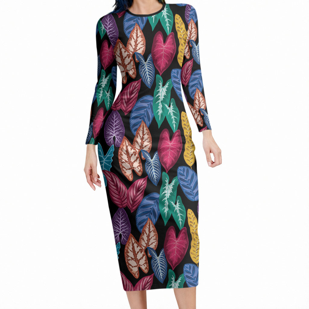 Hawaii Colorful Tropical Leaves Long Sleeve Bodycon Dress LT01 Long Dress Black - Polynesian Pride