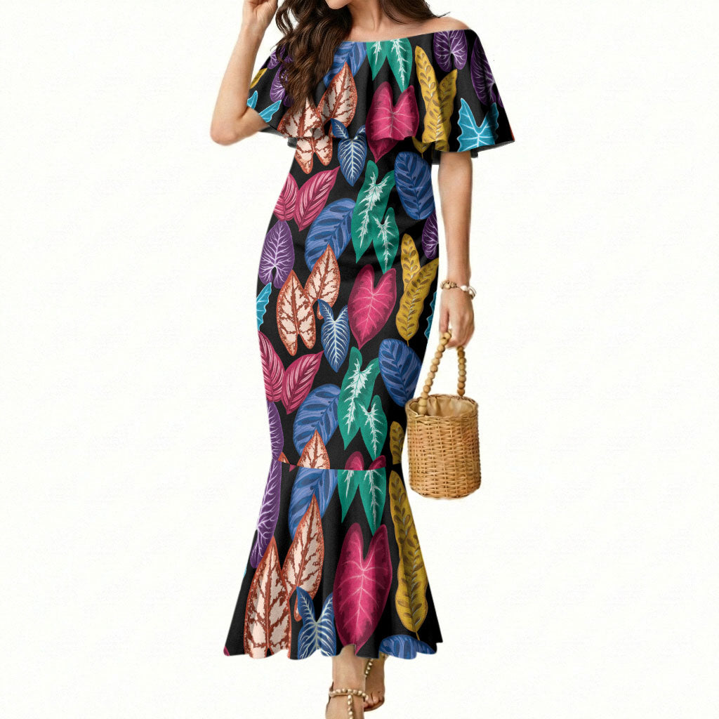 Hawaii Colorful Tropical Leaves Mermaid Dress LT01 Women Black - Polynesian Pride