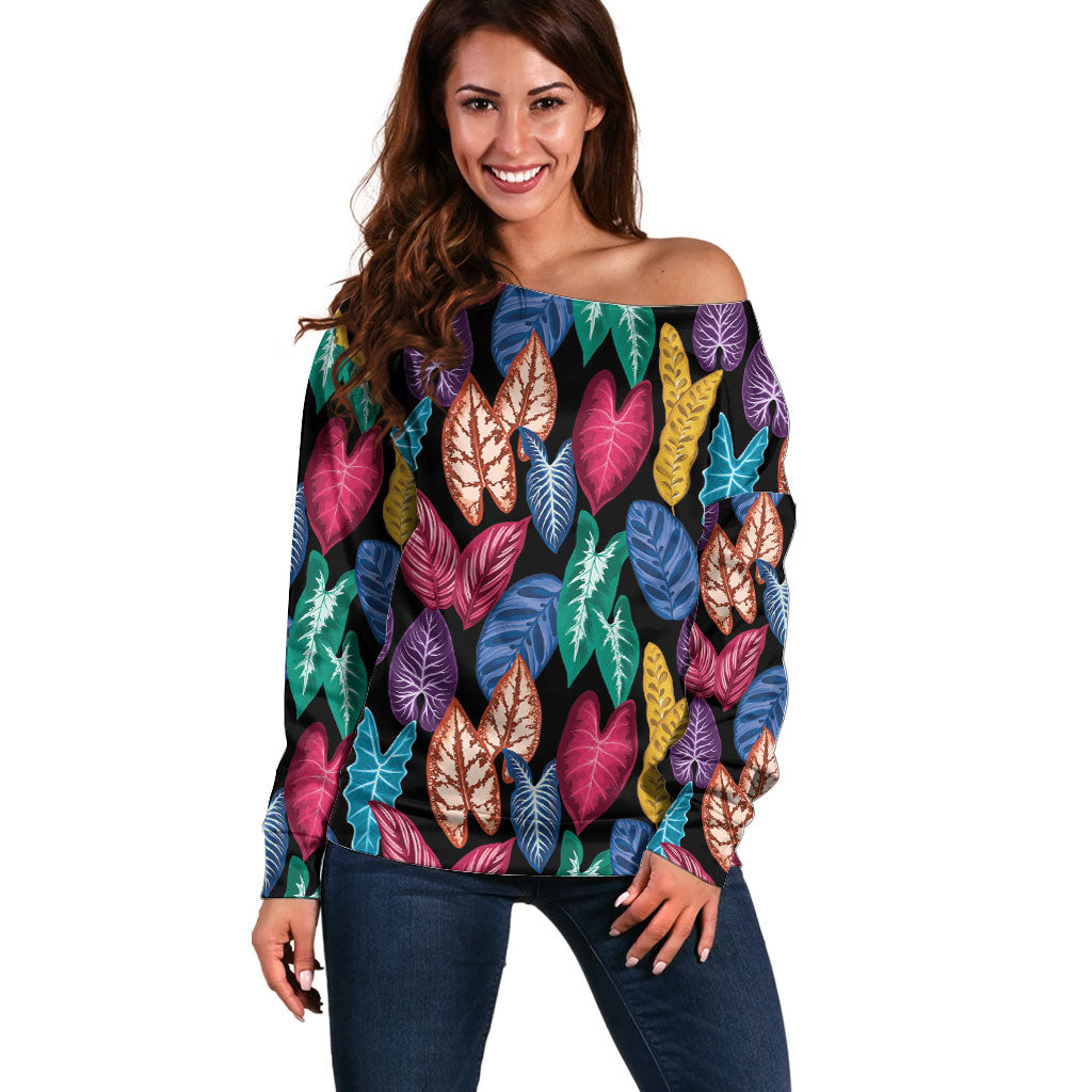 Hawaii Colorful Tropical Leaves Off Shoulder Sweater