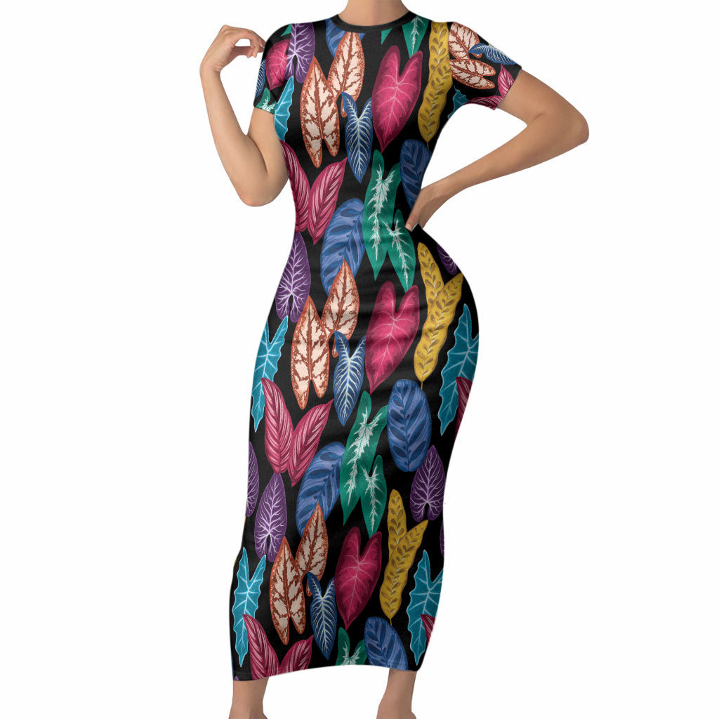 Hawaii Colorful Tropical Leaves Short Sleeve Bodycon Dress LT01 Long Dress Black - Polynesian Pride