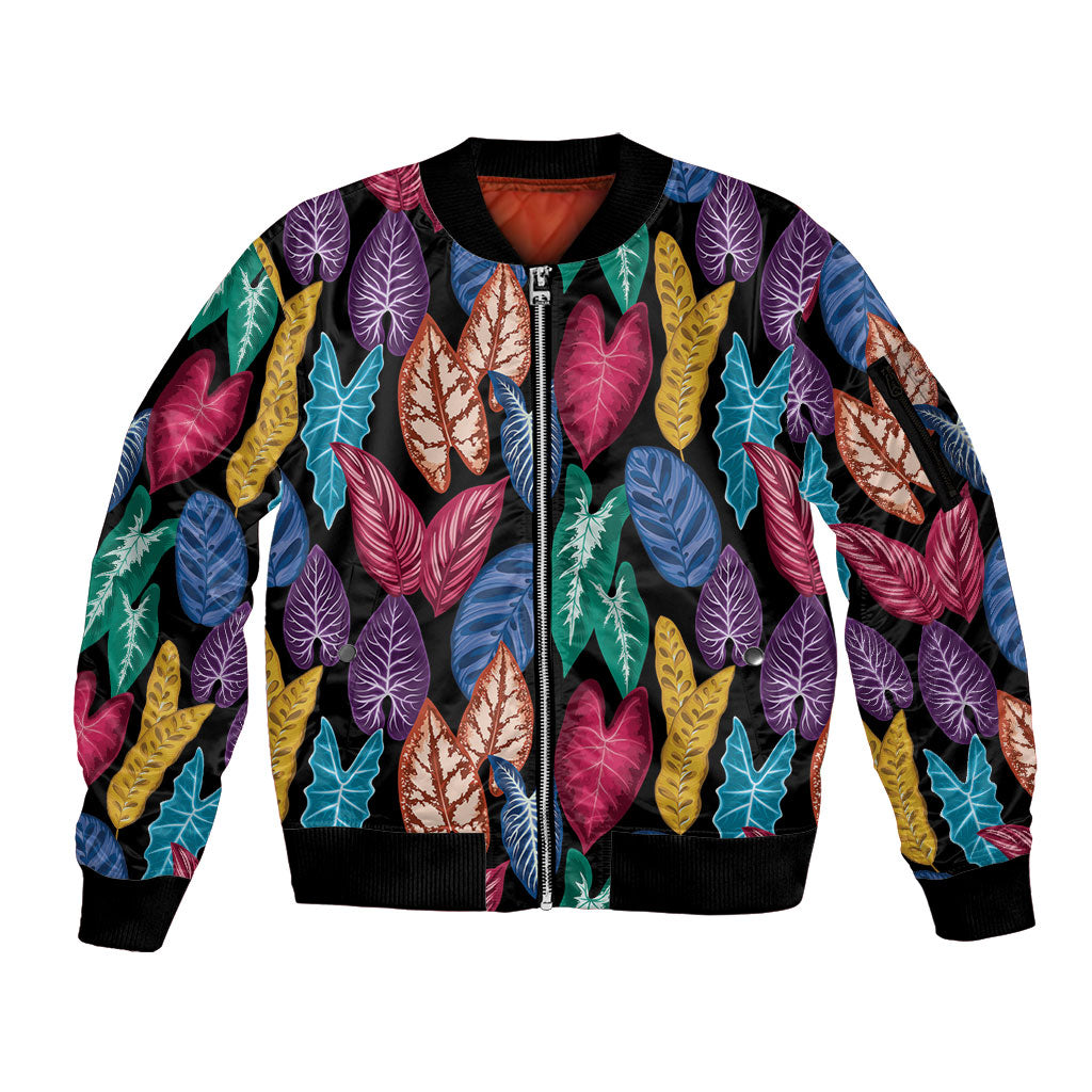 Hawaii Colorful Tropical Leaves Sleeve Zip Bomber Jacket LT01 Unisex Black - Polynesian Pride