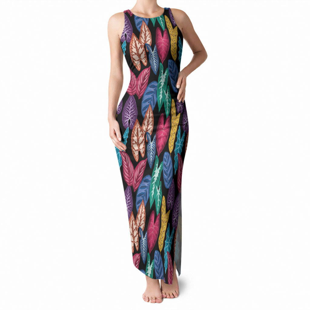Hawaii Colorful Tropical Leaves Tank Maxi Dress LT01 Women Black - Polynesian Pride