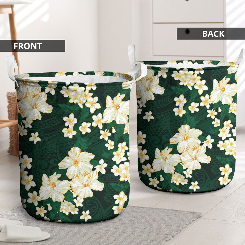 Hawaii Hibiscus Plumeria Green Laundry Basket Polynesian Pattern