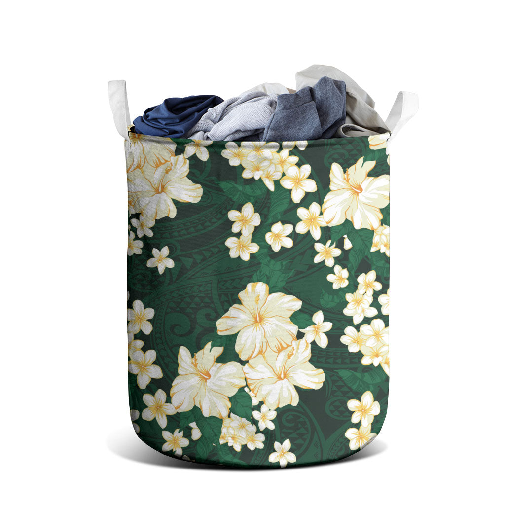 Hawaii Hibiscus Plumeria Green Laundry Basket Polynesian Pattern