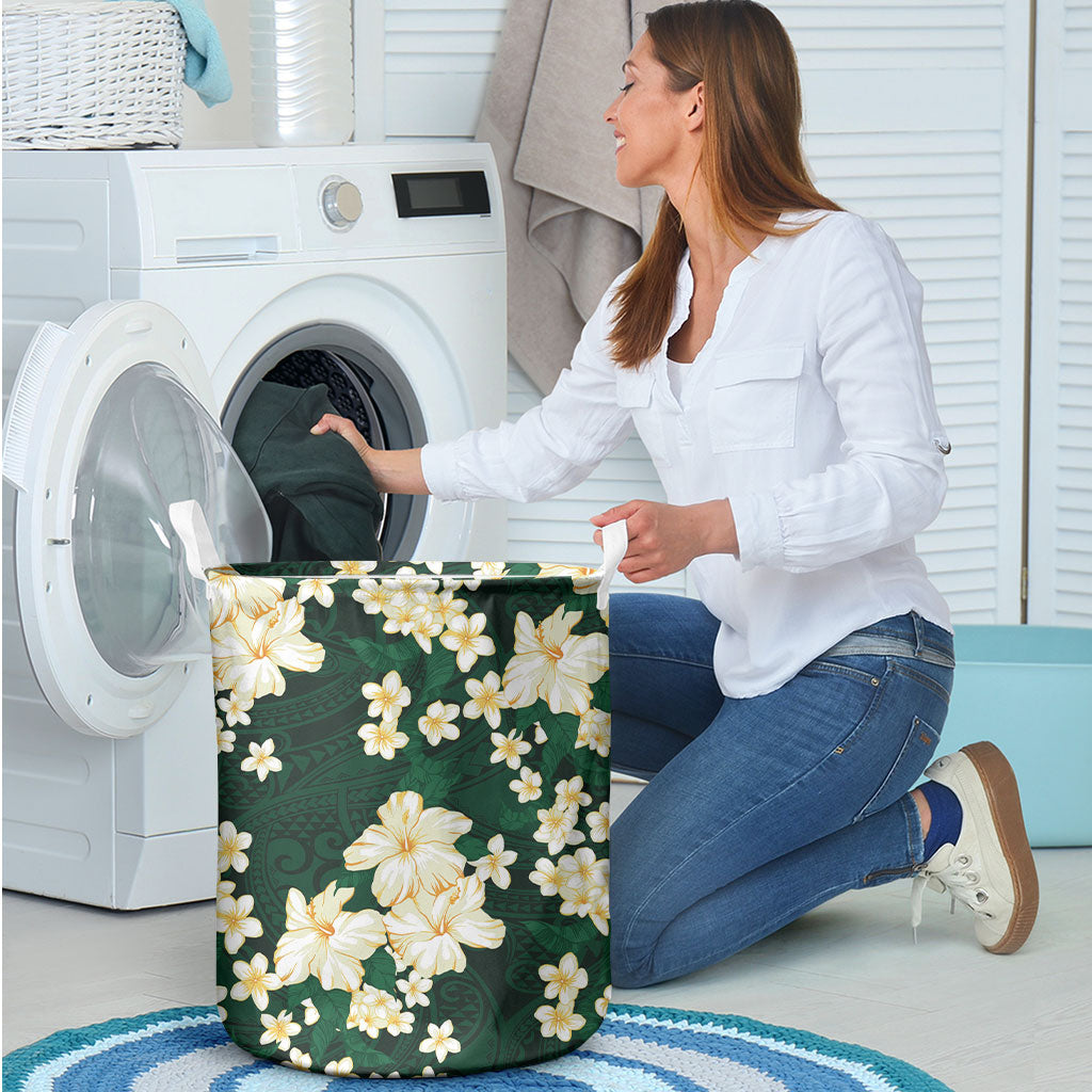 Hawaii Hibiscus Plumeria Green Laundry Basket Polynesian Pattern