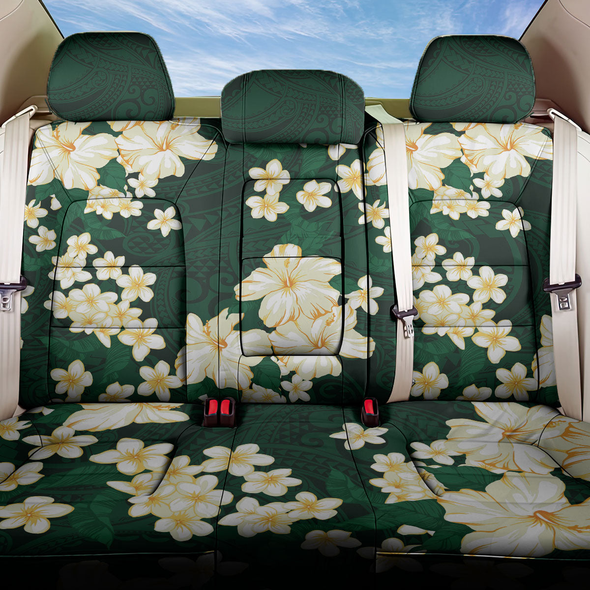 Hawaii Hibiscus Plumeria Green Back Car Seat Cover Polynesian Pattern
