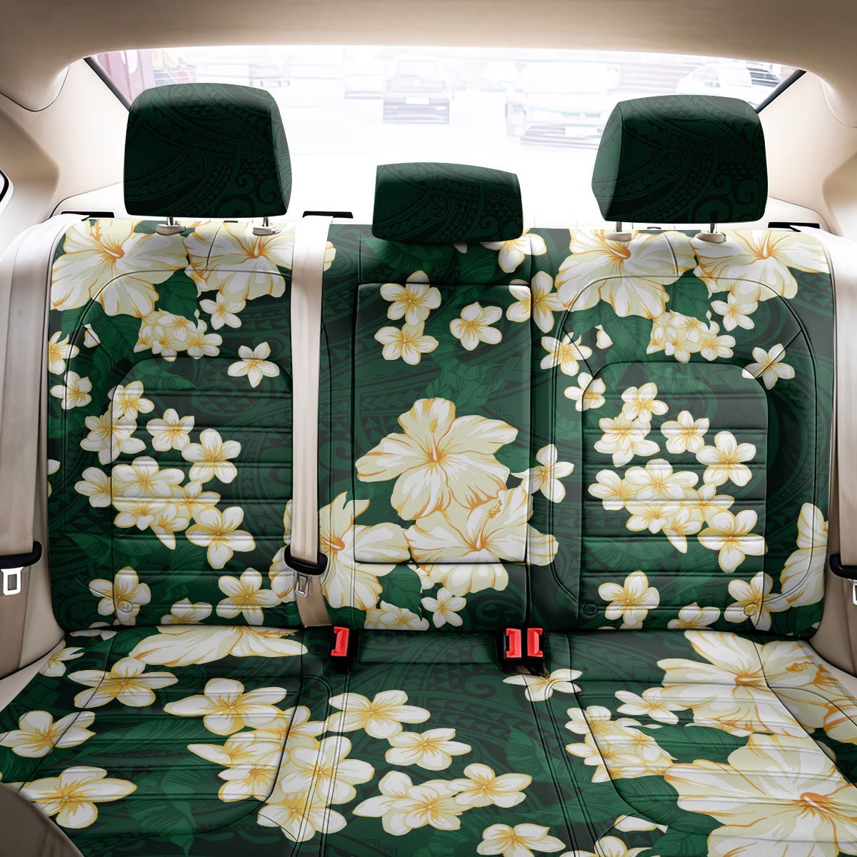 Hawaii Hibiscus Plumeria Green Back Car Seat Cover Polynesian Pattern