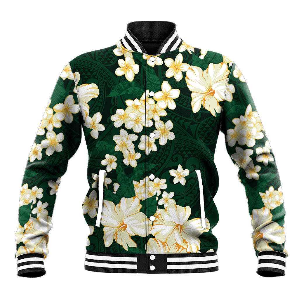 Hawaii Hibiscus Plumeria Green Baseball Jacket Polynesian Pattern