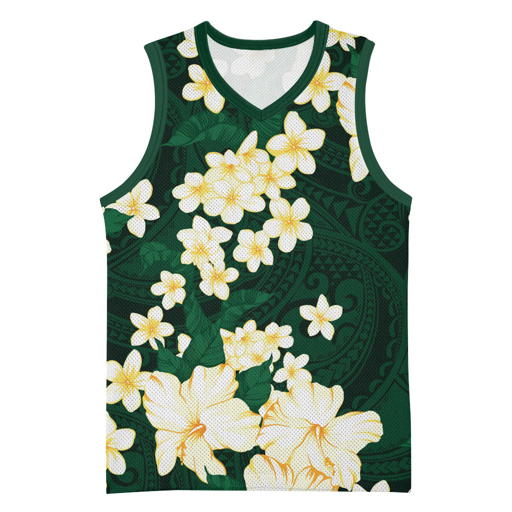 Hawaii Hibiscus Plumeria Green Basketball Jersey Polynesian Pattern