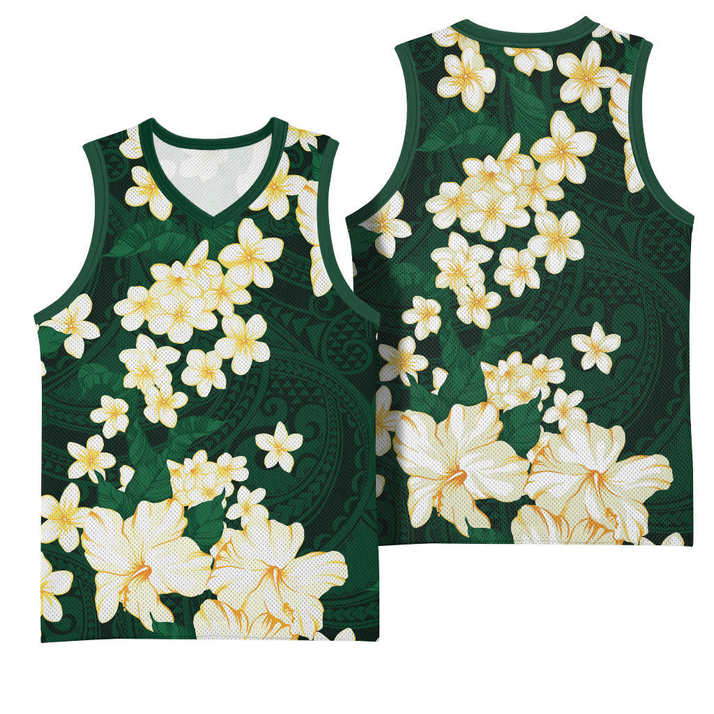 Hawaii Hibiscus Plumeria Green Basketball Jersey Polynesian Pattern