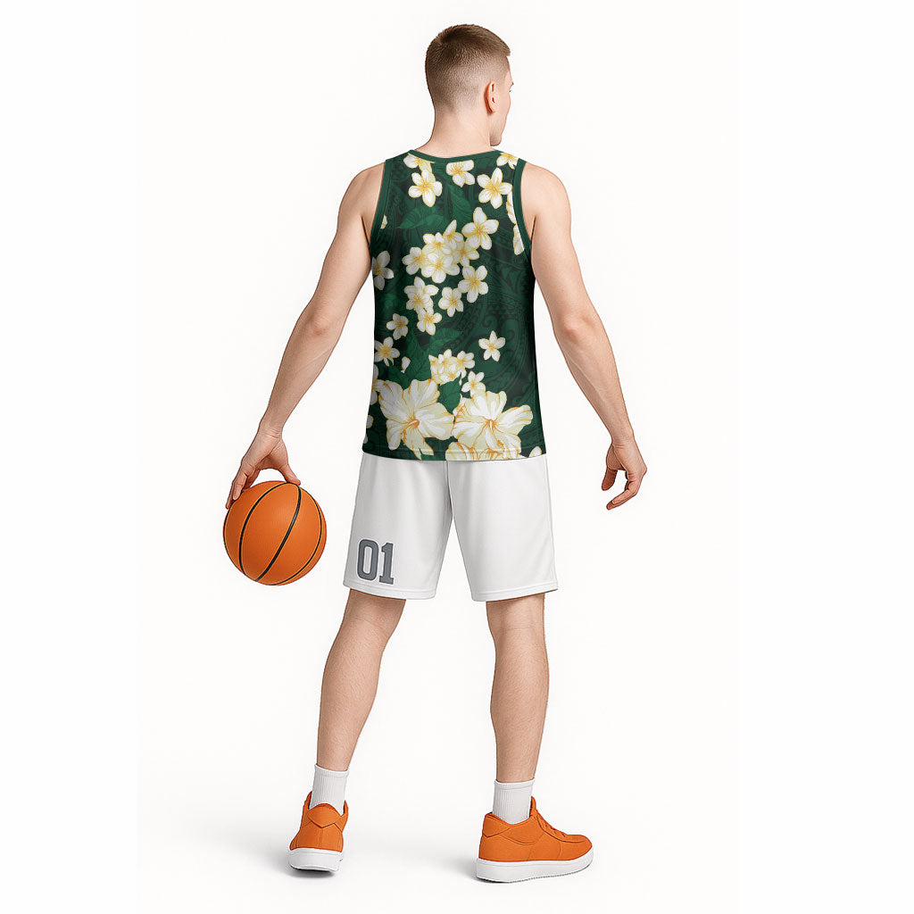 Hawaii Hibiscus Plumeria Green Basketball Jersey Polynesian Pattern