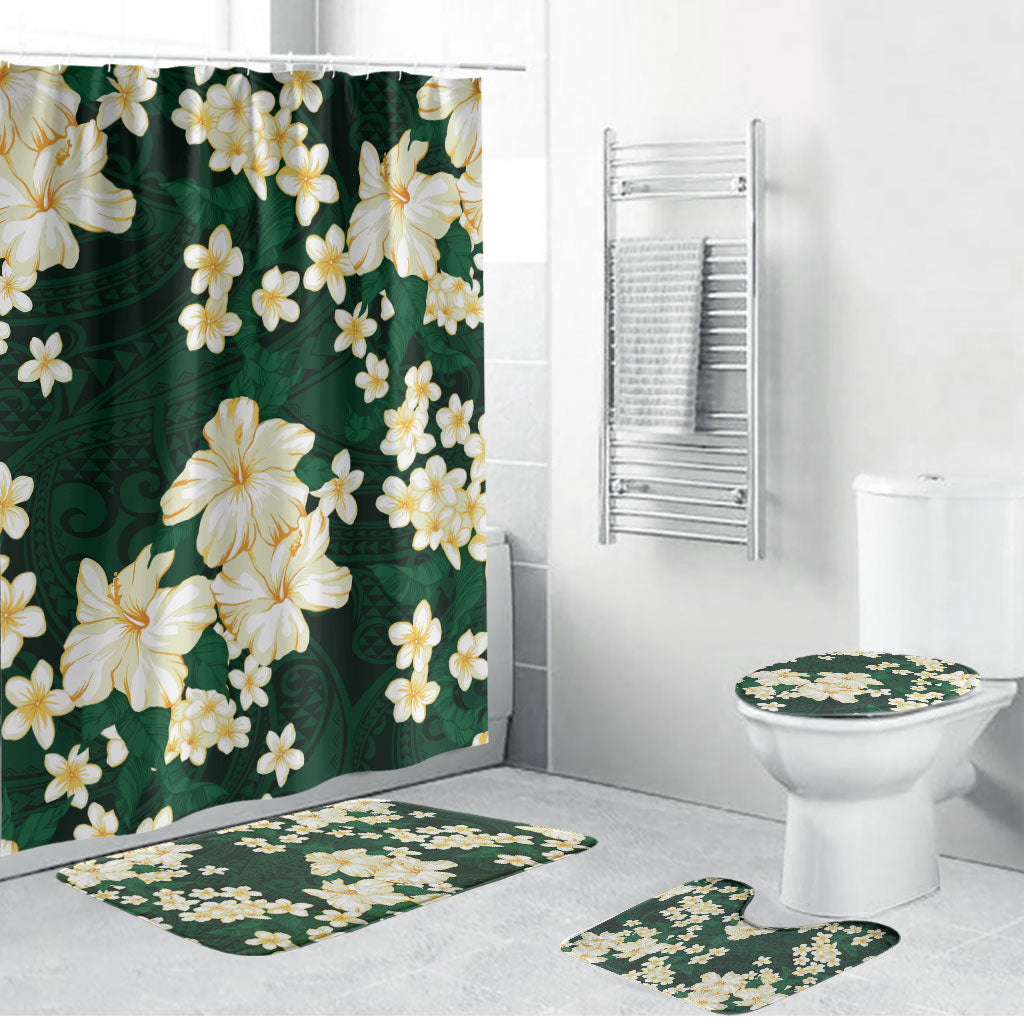 Hawaii Hibiscus Plumeria Green Bathroom Set Polynesian Pattern