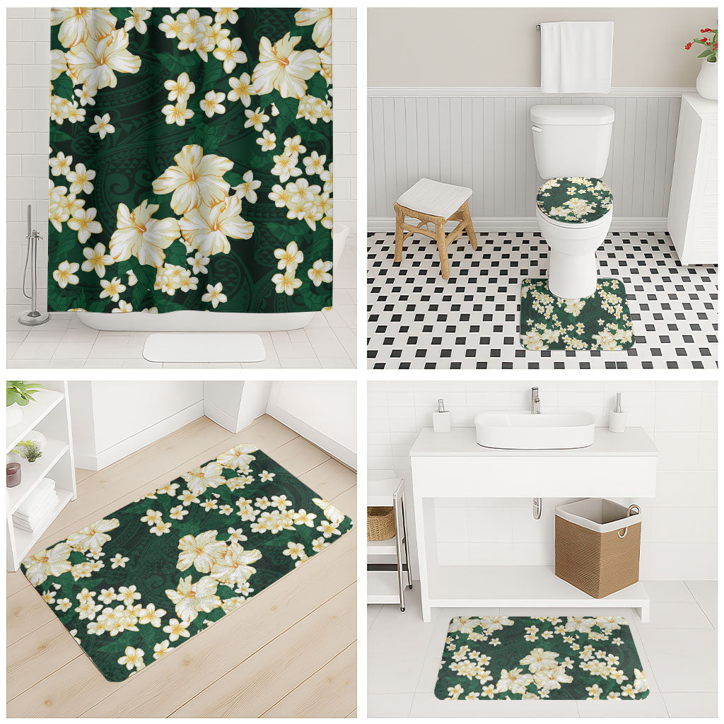 Hawaii Hibiscus Plumeria Green Bathroom Set Polynesian Pattern