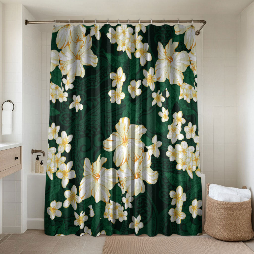 Hawaii Hibiscus Plumeria Green Bathroom Set Polynesian Pattern