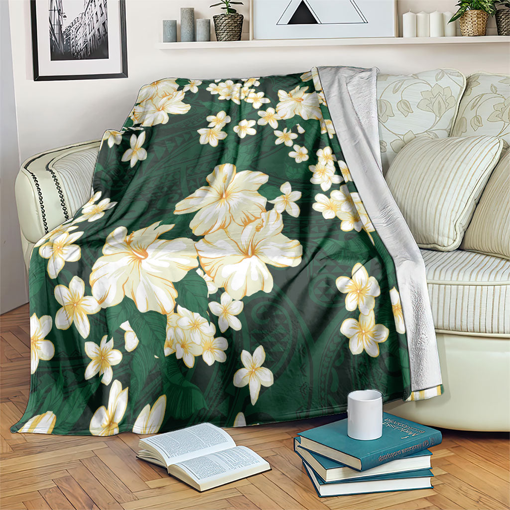 Hawaii Hibiscus Plumeria Green Blanket Polynesian Pattern