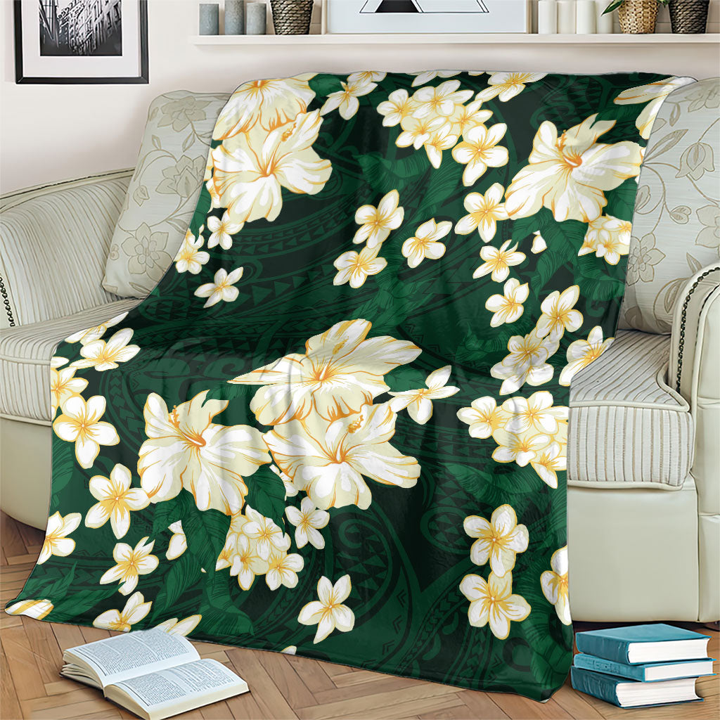 Hawaii Hibiscus Plumeria Green Blanket Polynesian Pattern