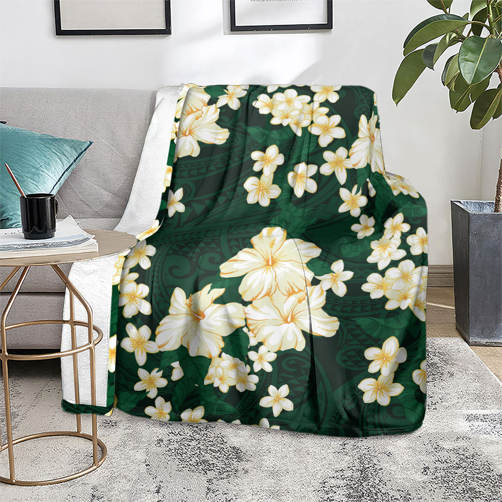 Hawaii Hibiscus Plumeria Green Blanket Polynesian Pattern