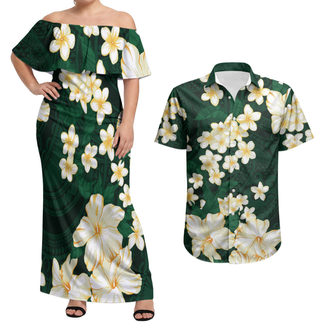 Hawaii Hibiscus Plumeria Green Couples Matching Off Shoulder Maxi Dress and Hawaiian Shirt Polynesian Pattern LT01 Green - Polynesian Pride