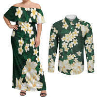 Hawaii Hibiscus Plumeria Green Couples Matching Off Shoulder Maxi Dress and Long Sleeve Button Shirt Polynesian Pattern LT01 Green - Polynesian Pride