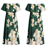 Hawaii Hibiscus Plumeria Green Couples Matching Off Shoulder Maxi Dress and Long Sleeve Button Shirt Polynesian Pattern LT01 - Polynesian Pride