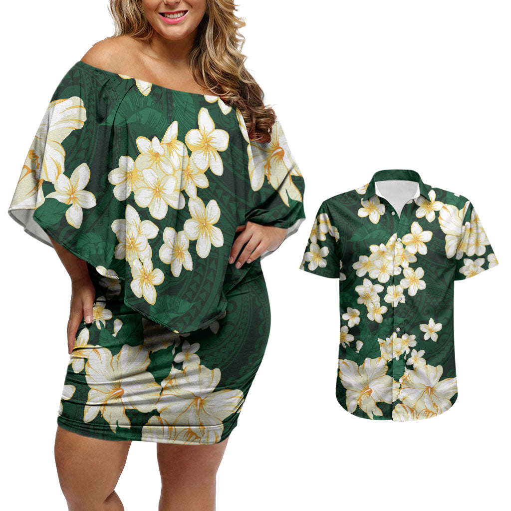 Hawaii Hibiscus Plumeria Green Couples Matching Off Shoulder Short Dress and Hawaiian Shirt Polynesian Pattern LT01 Green - Polynesian Pride